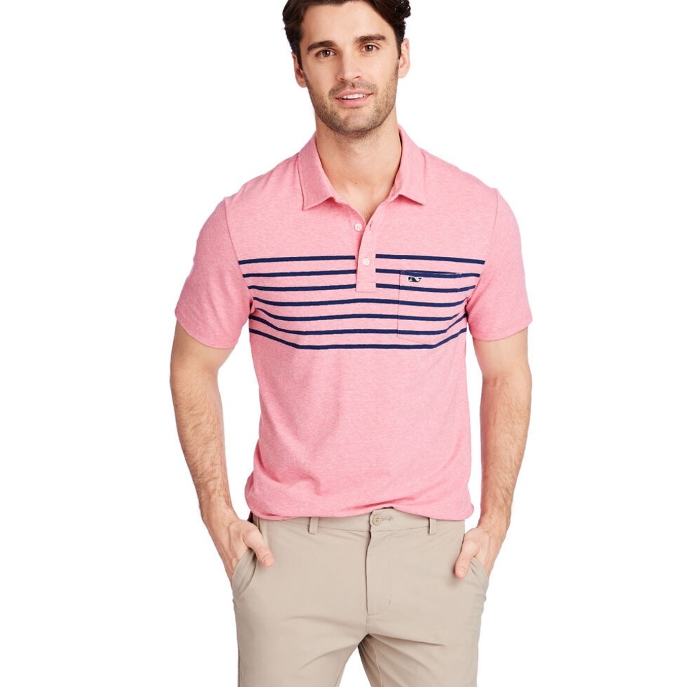 Vineyard Vines Surfer Stripe Edgartown Polo Size Large Pink/Blue‎